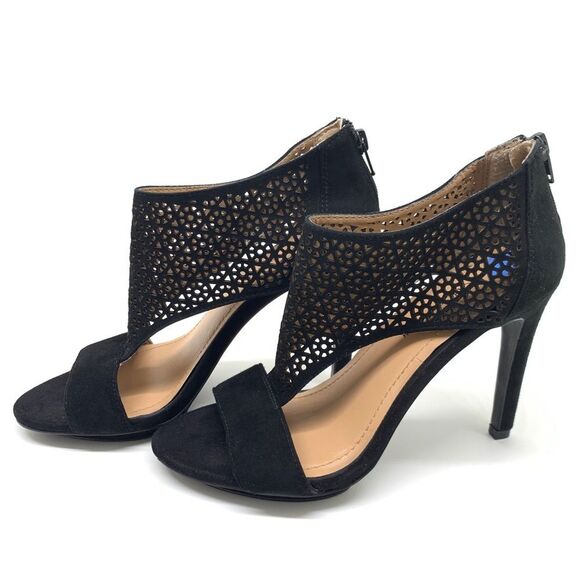 BCBGeneration Kadia Black Sz 7.5 Suede Lattice Stiletto Open Toe Zip Closure - Picture 2 of 13